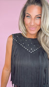Black Sleeveless Studded Suede Top With Fringe