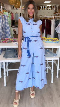 Ivy Jane | Blue Embroidered Fish Jumpsuit