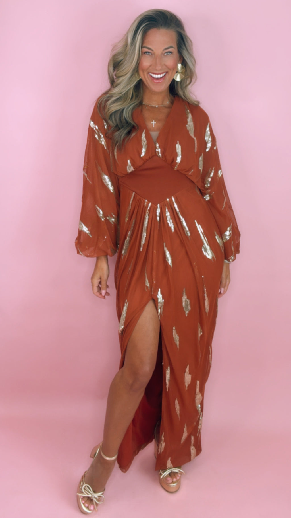 Copper Sequin Detail Slit Midi Dress