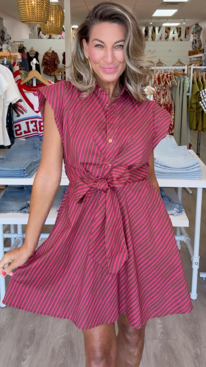 Brown Fuchsia Tie Waist Mini Dress LARGE