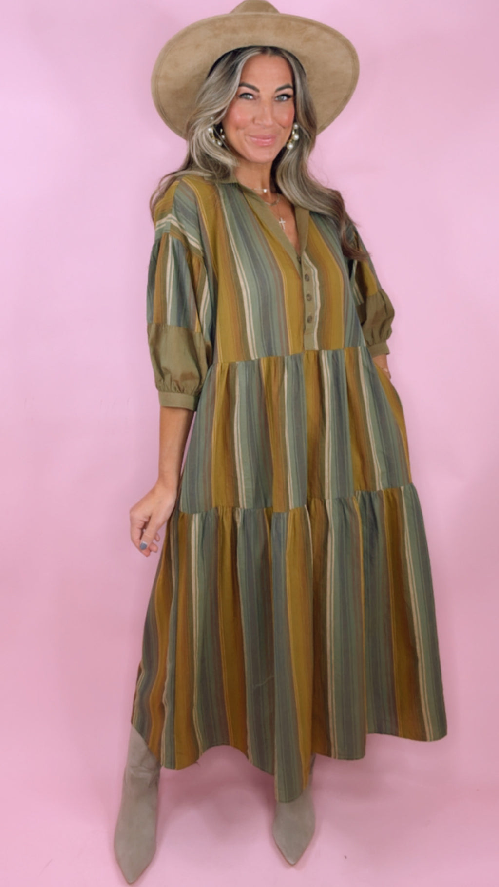 Uncle Frank Green Varegated Stripe Midi Dress