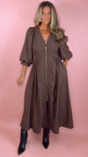 Brown Zip Up Midi Dress