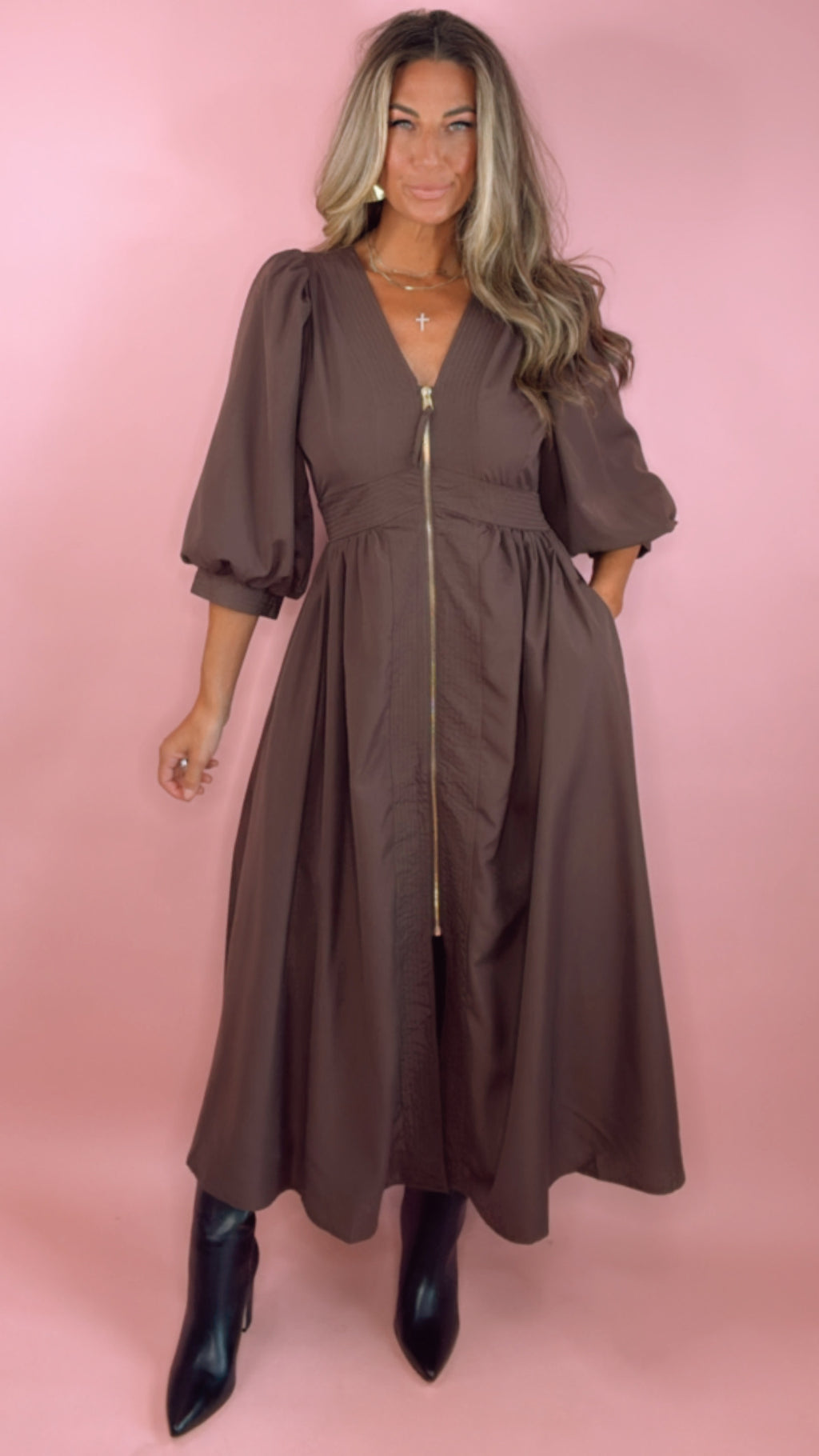 Brown Zip Up Midi Dress