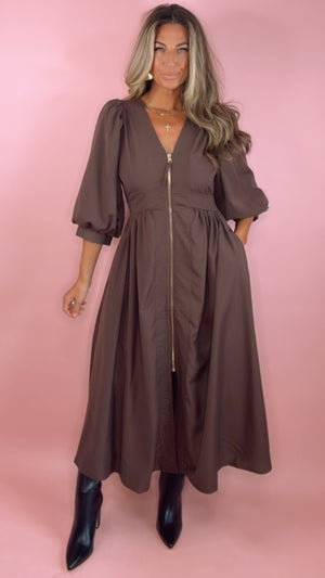 Brown Zip Up Midi Dress