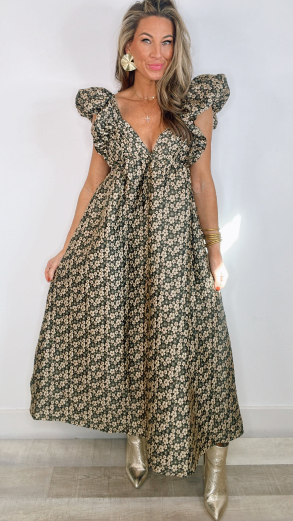 Gold Daisy Jacquard Maxi Dress