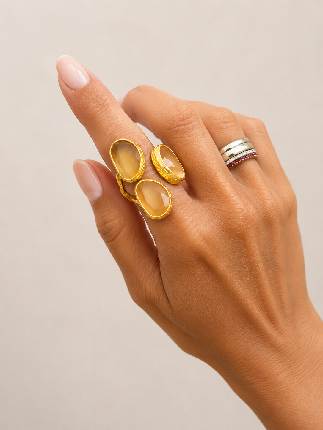 Adjustable Triple Cat Eye Gold Ring (Champagne)
