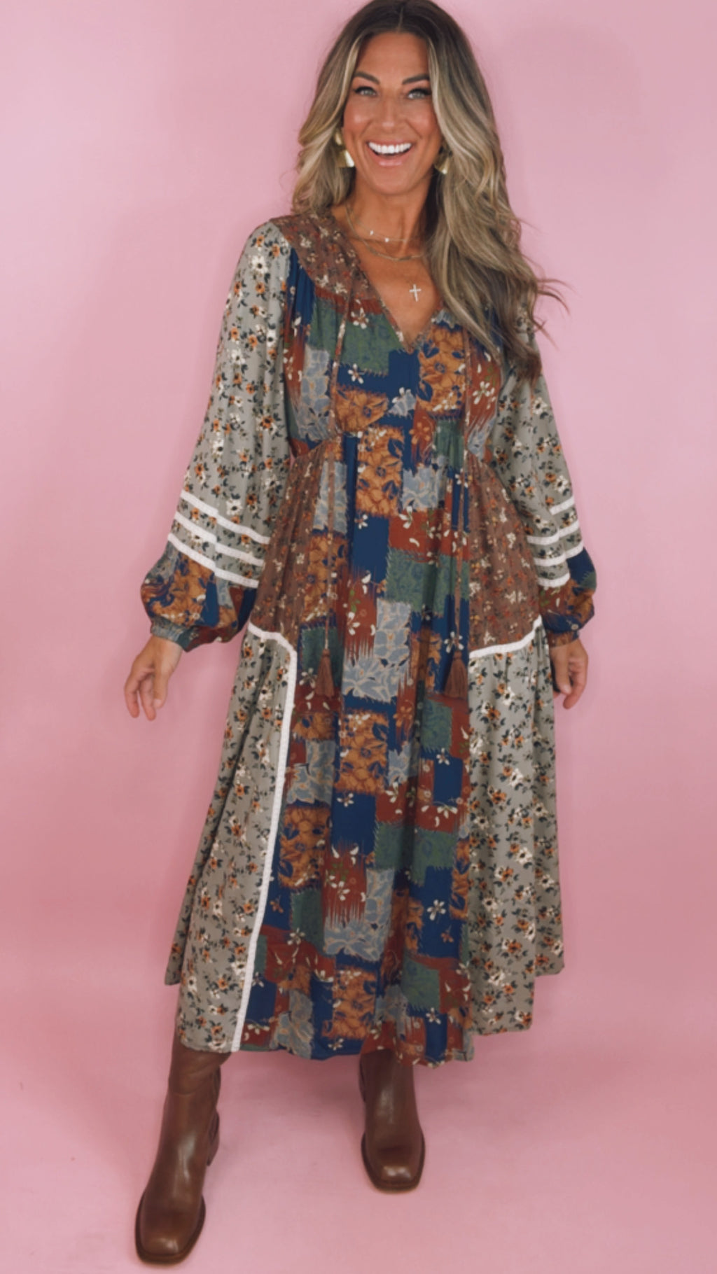 Brown Floral Patchwork Midi Dress