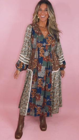 Brown Floral Patchwork Midi Dress