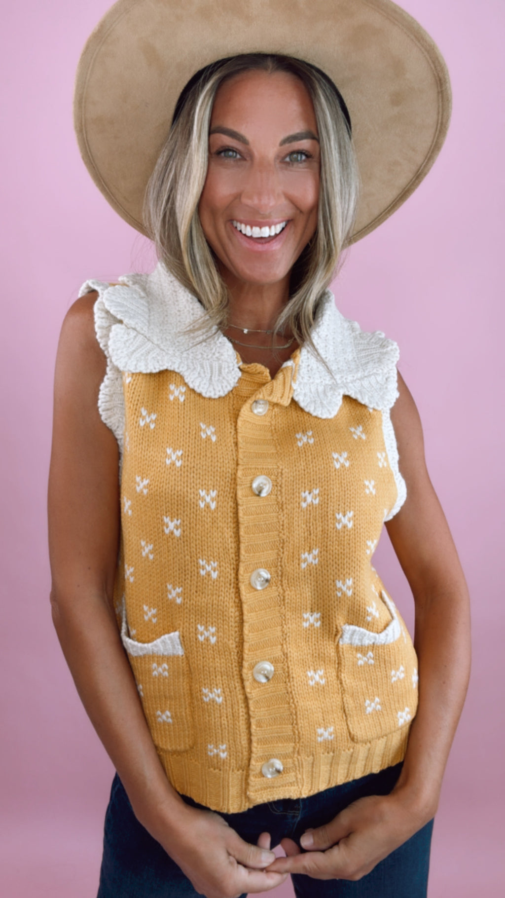 Mustard Knit Collar Button Down Vest