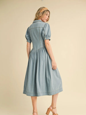 Denim Puff Sleeve Button Down Midi Dress