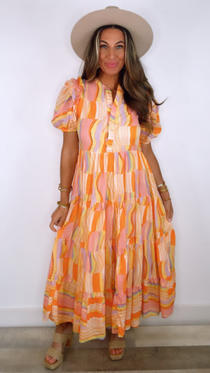 Karlie Orange Multi Stripe Puff Sleeve Tier Dress