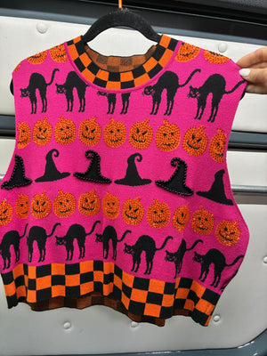 Queen of Sparkles Halloween Checkered Trim Sweater Top (1 LARGE)