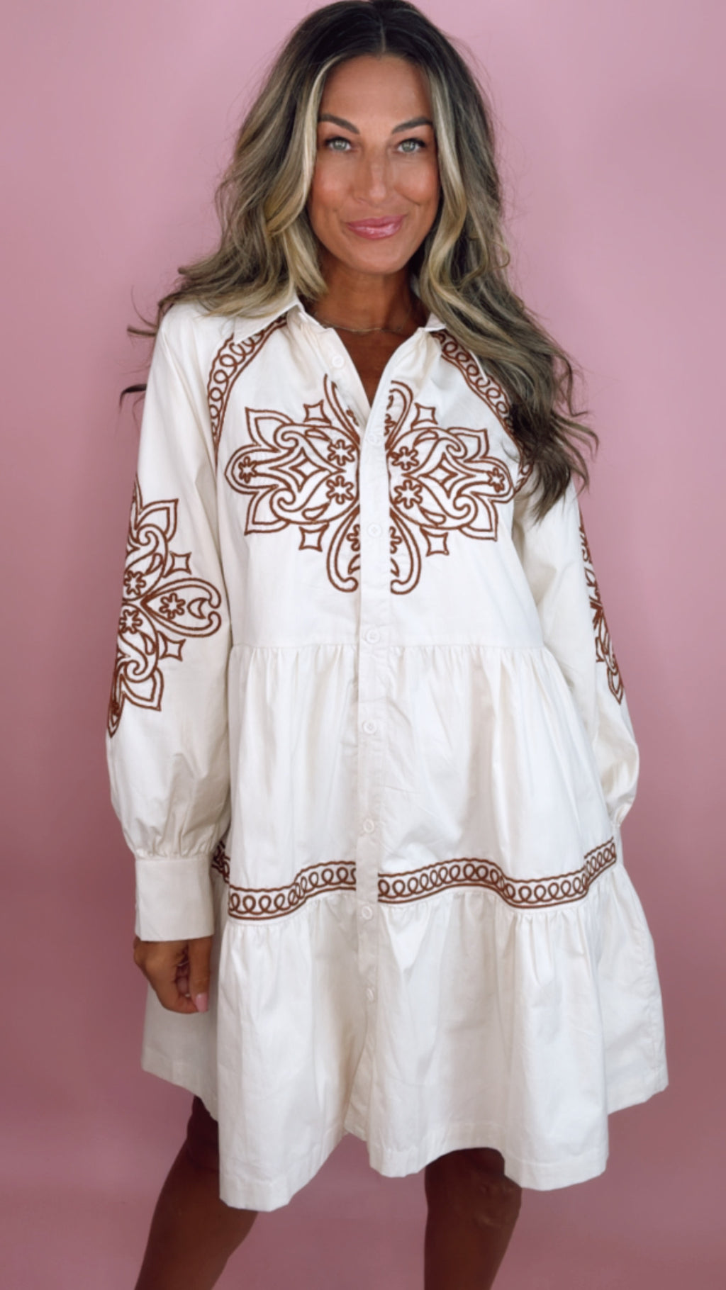 Embroidered Oat w/ Rust Mini Dress