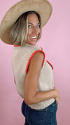 Red Tie Neck Sweater Vest with Contrast Blanket Stitch