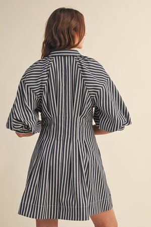 Denim Blue Striped Bubble Sleeve Mini Dress