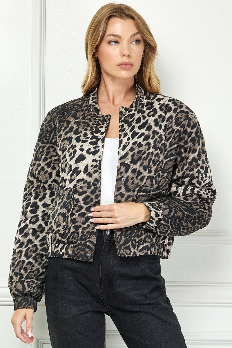 Leopard Print Quilted Long Sleeve Jacket
