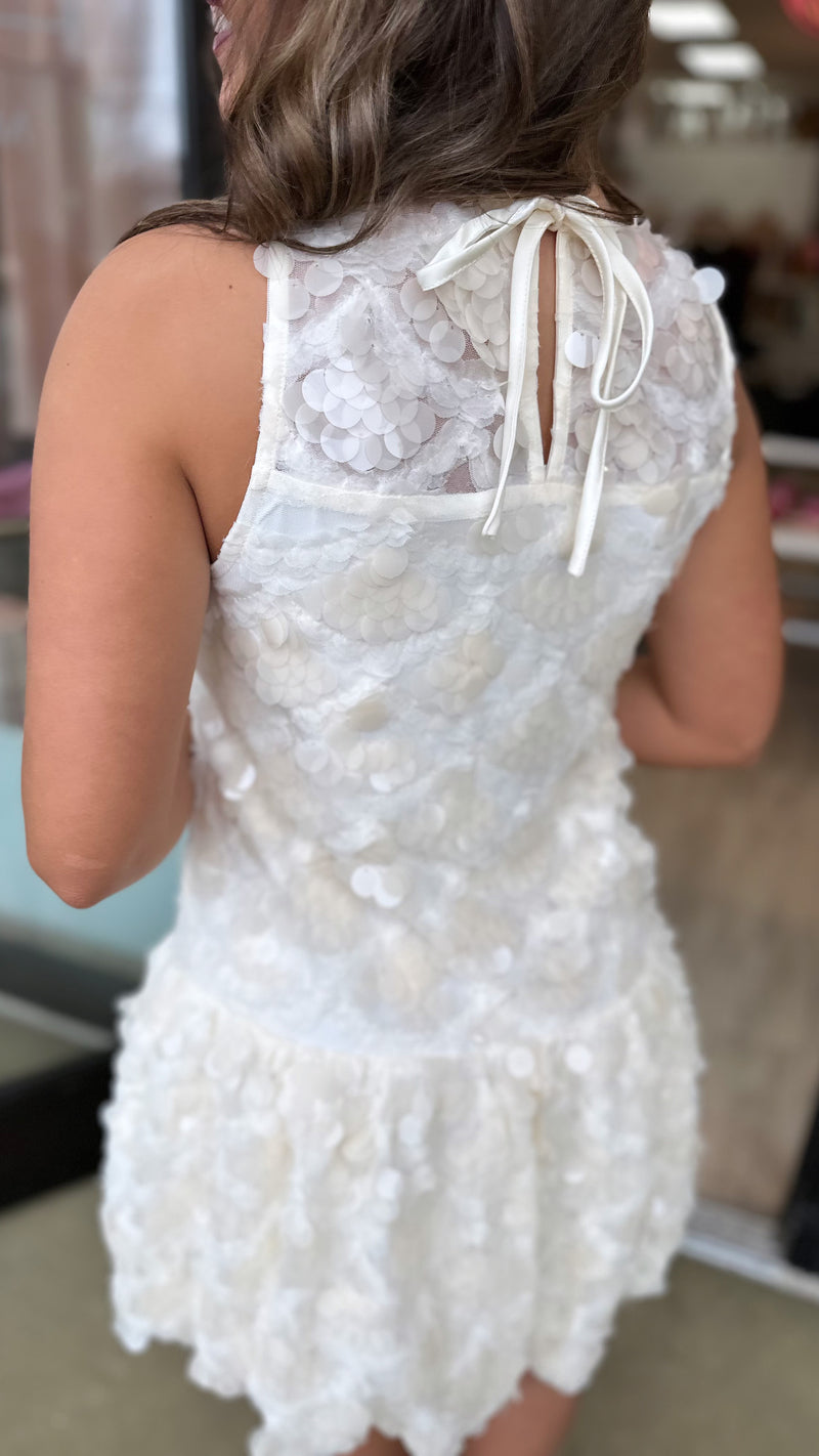 en saison sequin dress En Saison Ecru Sequin Tulle Tie Shoulder Midi Dress (1 MEDIUM) Janie Rose Boutique