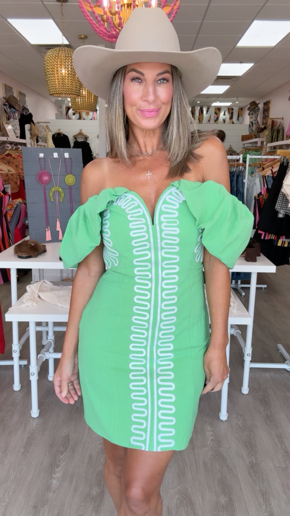 Green Off-Shoulder Embroidered Linen Mini Dress