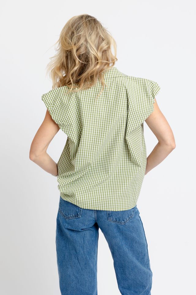 Karlie | Citrine Check Bubble Sleeve Button Top