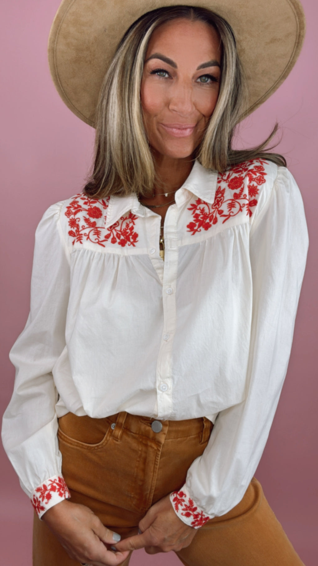 Dear John: Ivory Nasrin ButtonDown w/Red Embroidery