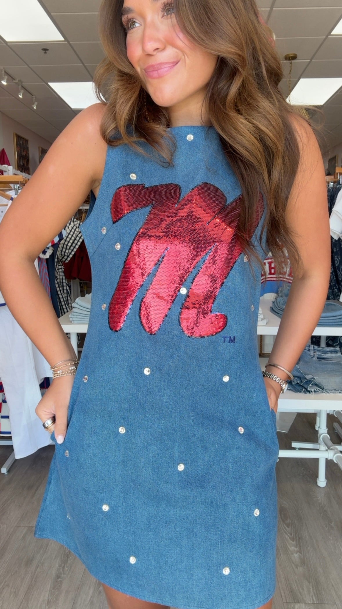 Queen of Sparkles | Ole Miss Scattered Jewel Denim Sequin Mascot Dress