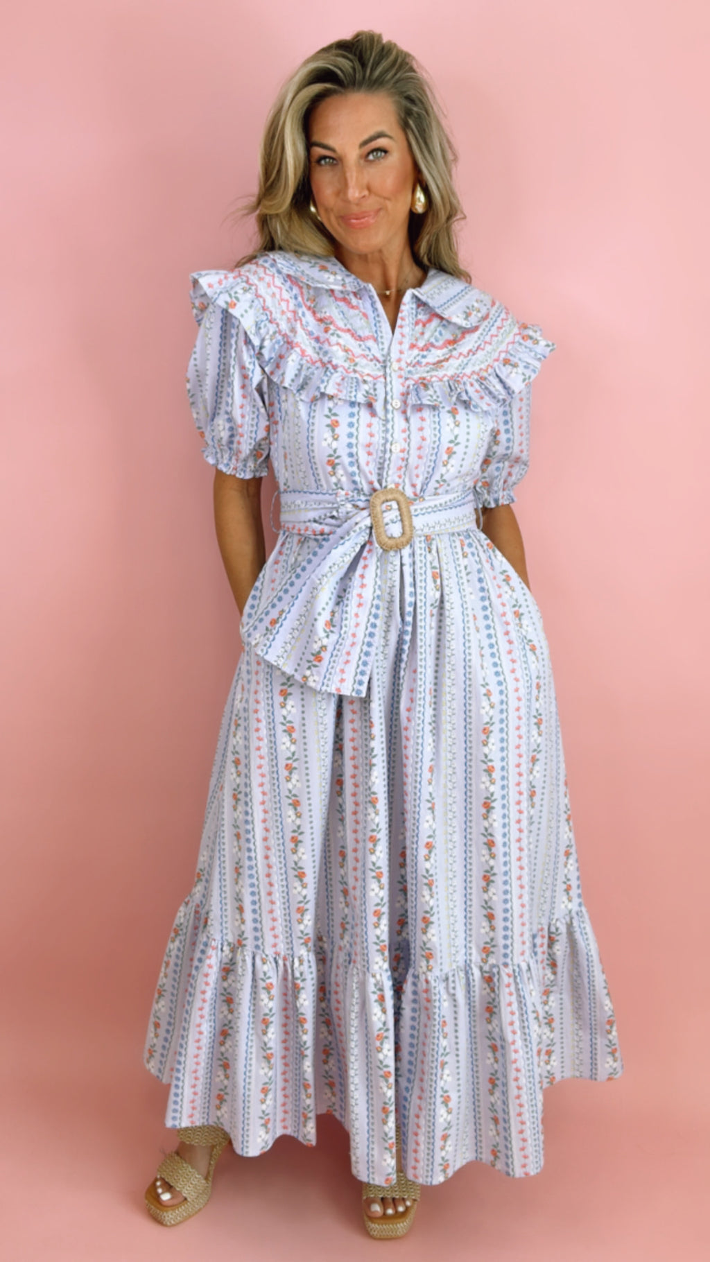 Karlie French Floral Embroidered Belted MaxI Dress
