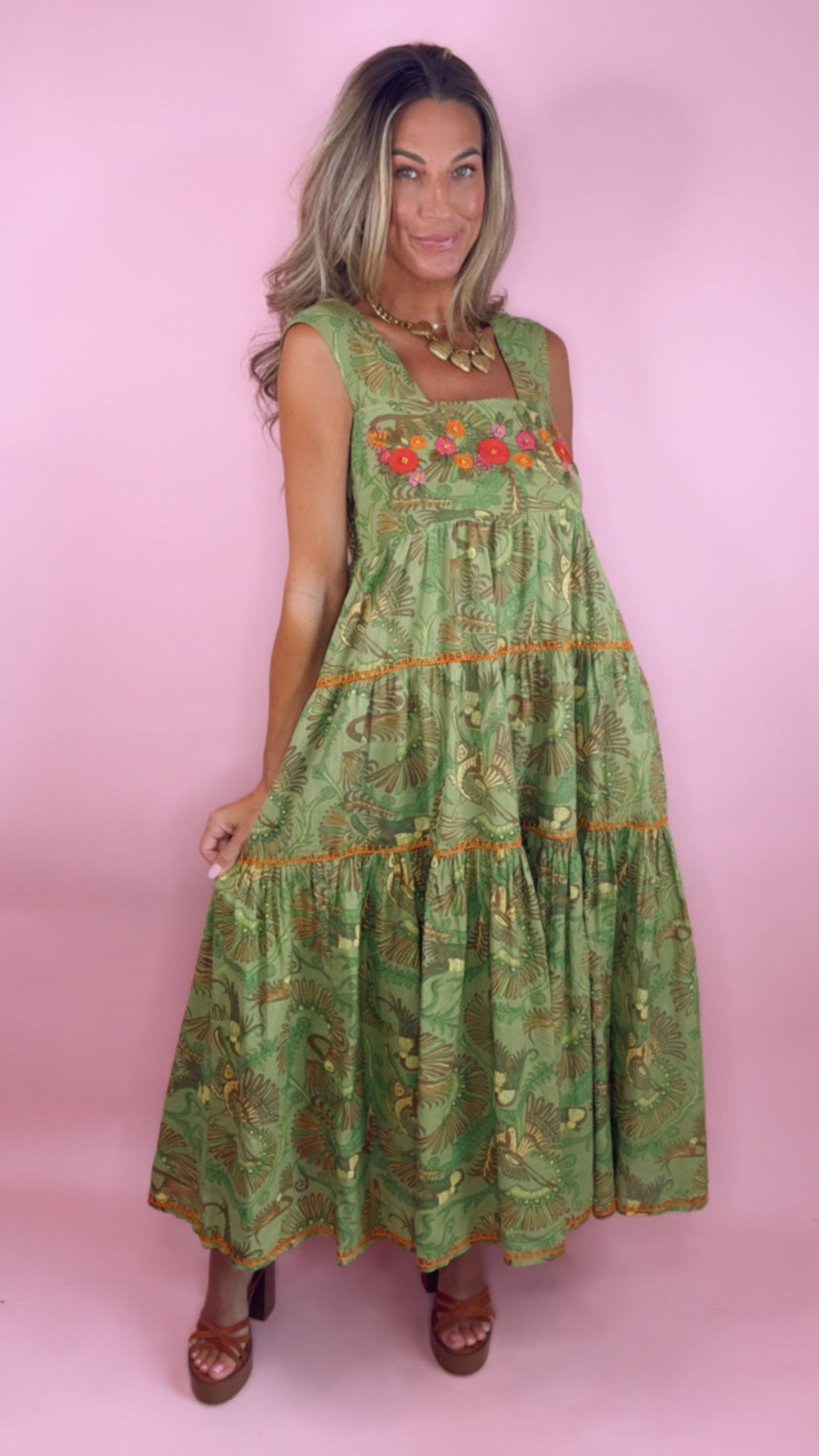 Sister Mary Green Irene Embroidered Midi Dress