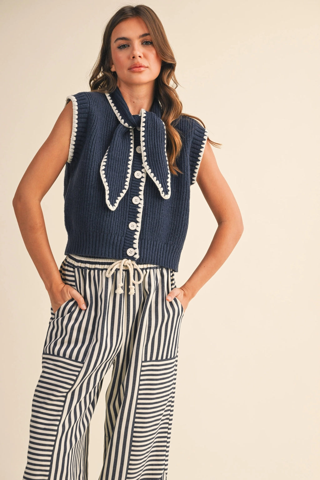 Navy/ White Tie Neck Sweater Vest with Contrast Trim (1 LARGE)