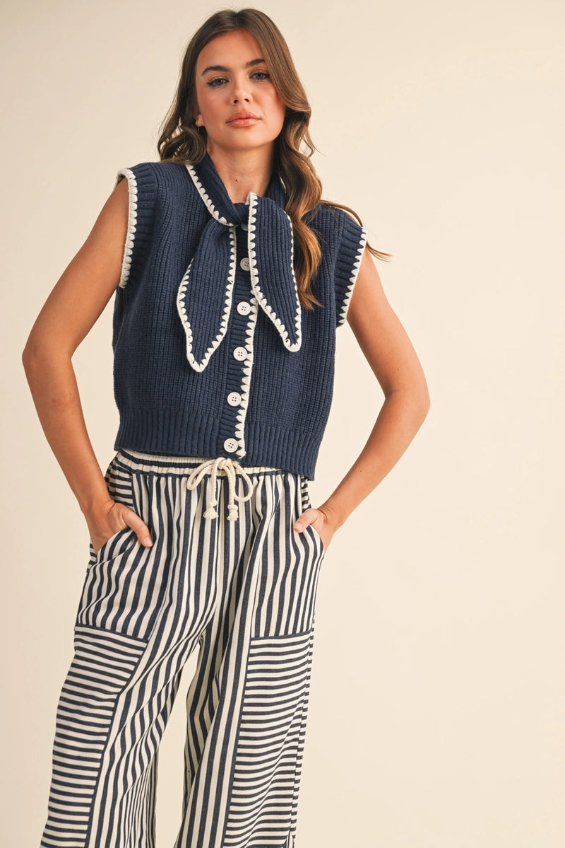Navy/ White Tie Neck Sweater Vest with Contrast Trim (1 LARGE)