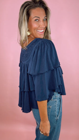 Free People Navy Rose Party Ruffle Tee
