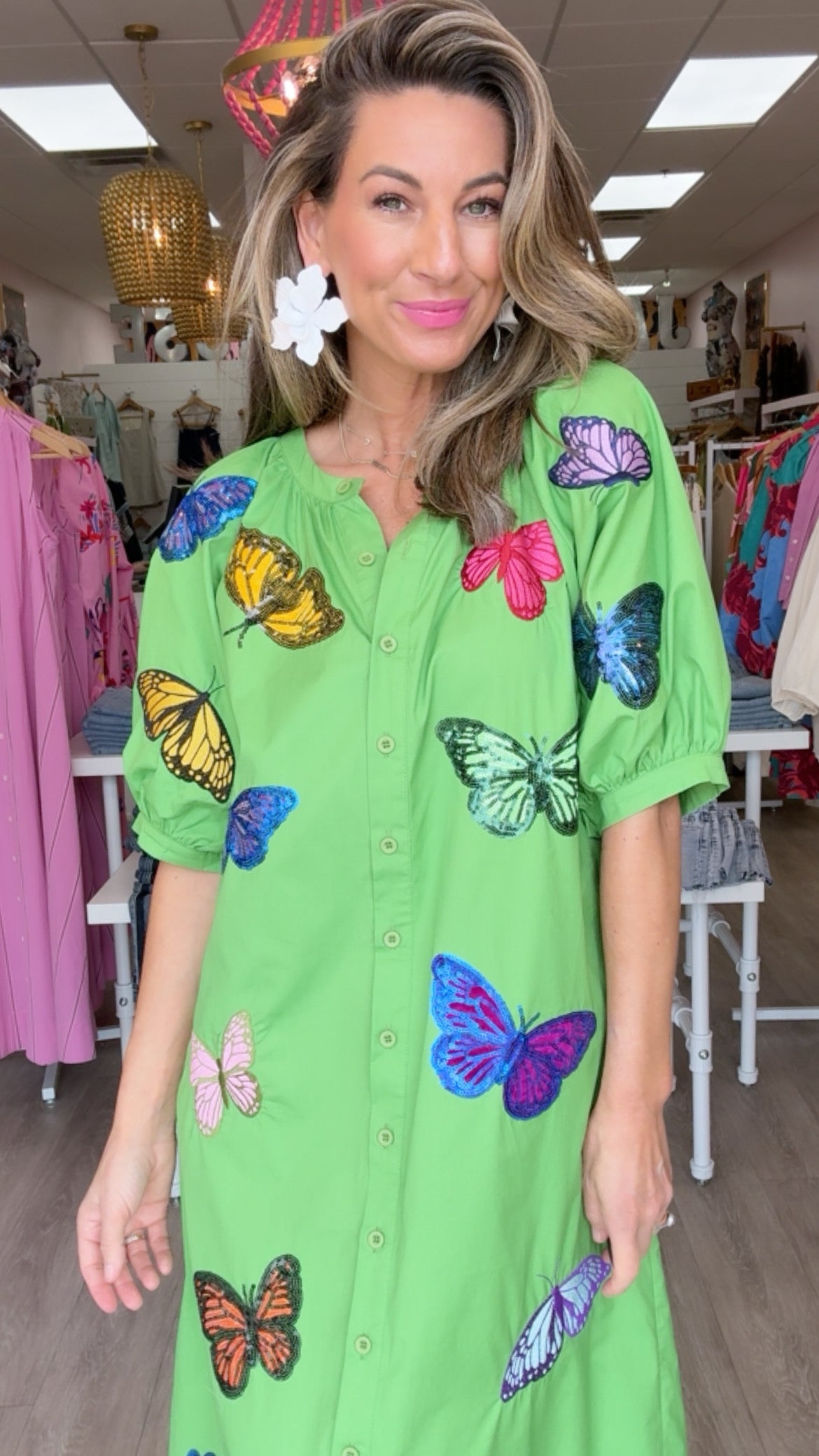 Queen of Sparkles Green Butterfly Button-Up Cotton Maxi