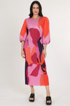 Abstract Print Pleat Puff Sleeve Midi Dress (OSF)