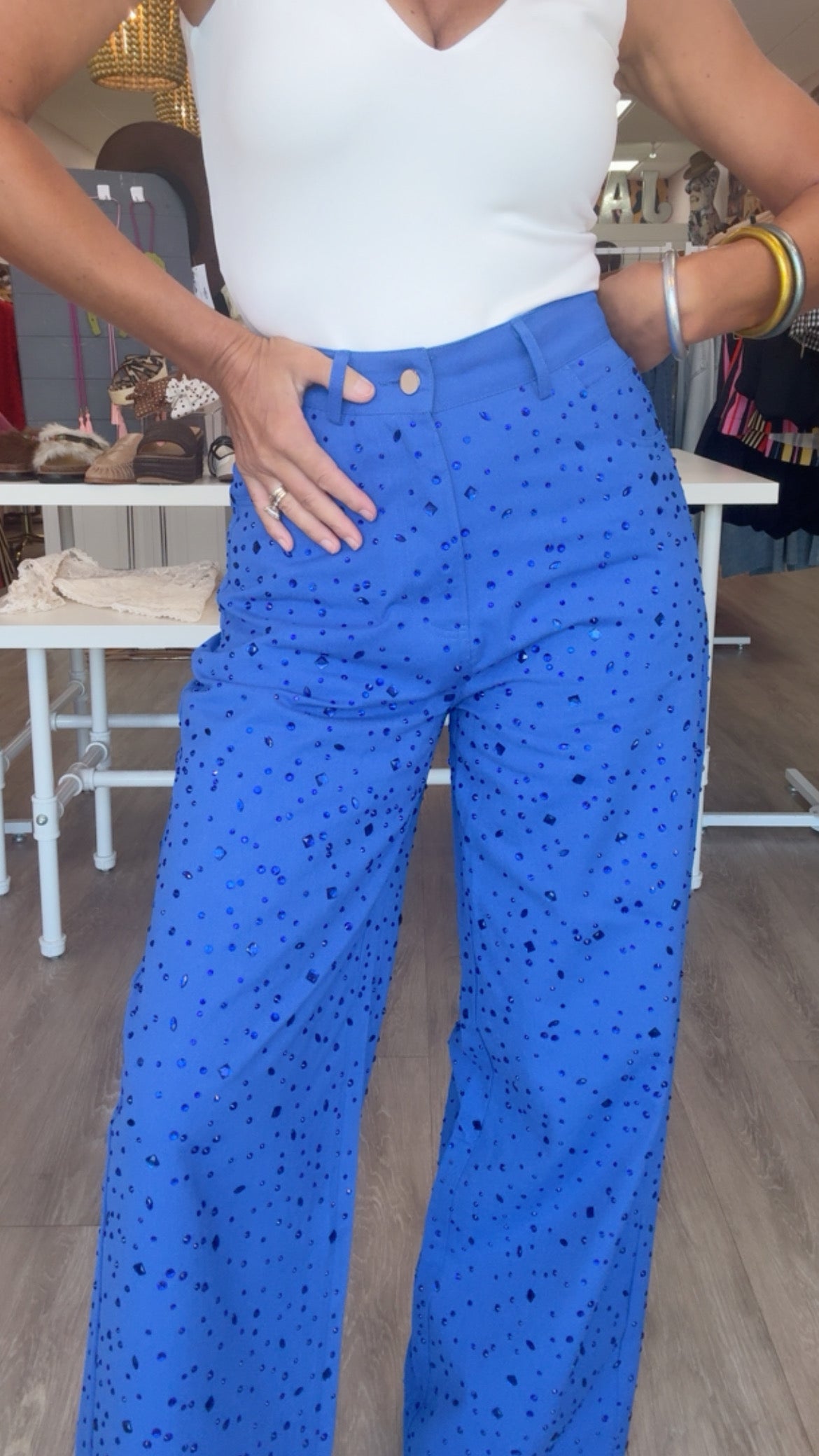 Queen of Sparkles Blue Wide Leg Rhinestone Jean (Bottoms Only)