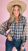 THML: Embroidered Sleeve Plaid V-Neck Top (1 XL)