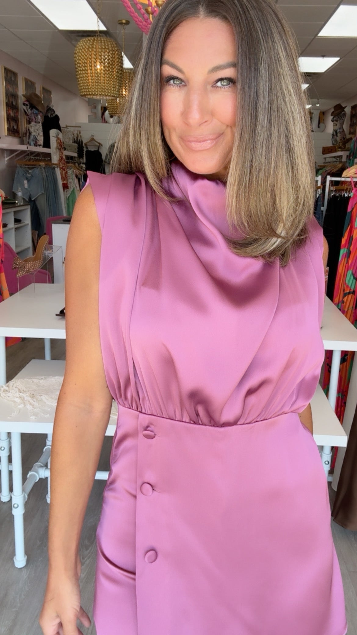 Karlie | Orchid Solid Satin Drape Romper *BEST SELLER*