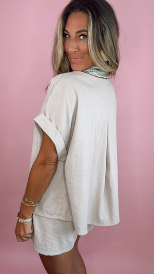 Taupe Relaxed Fit Top And Shorts Two Piece Set
