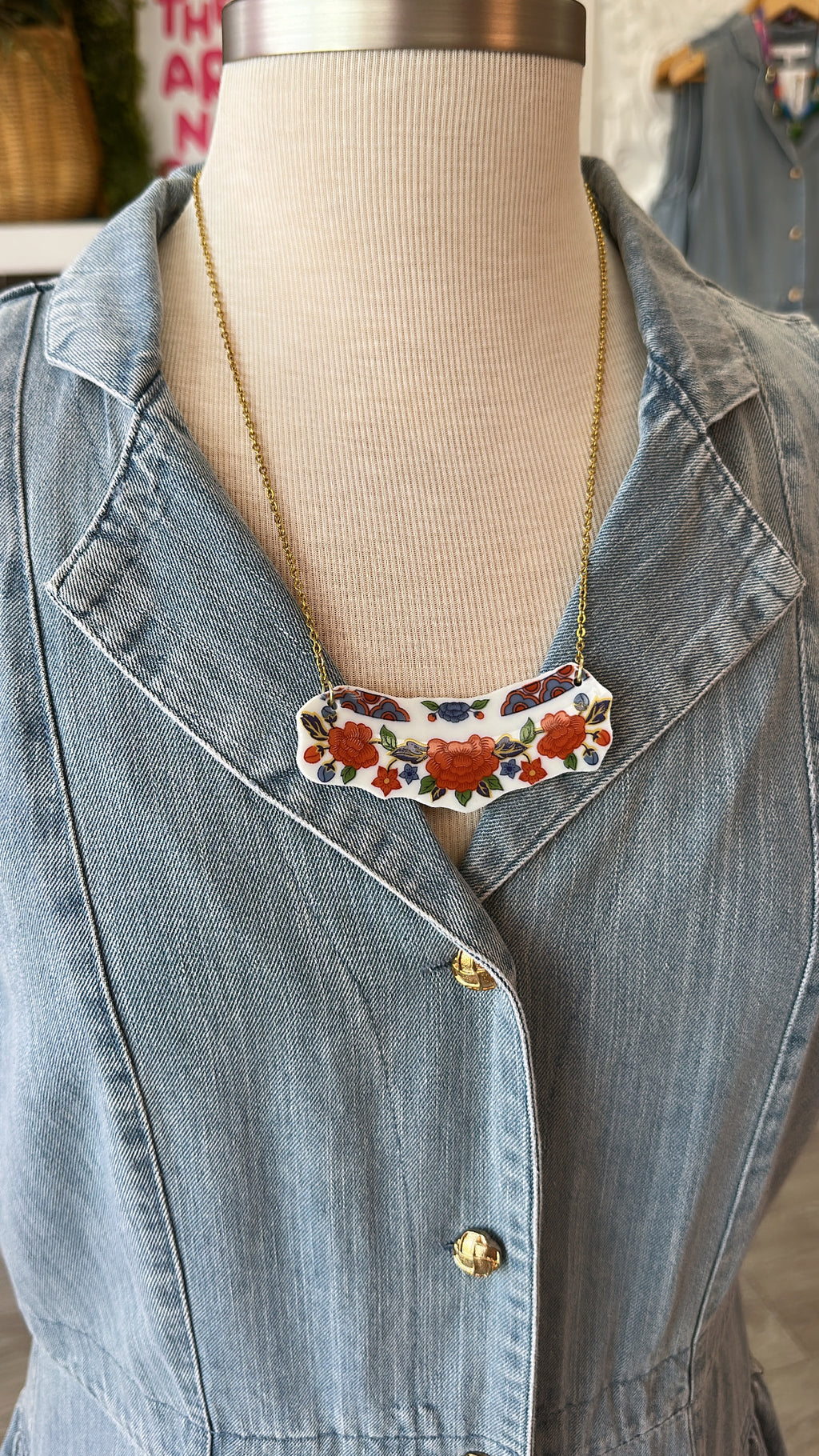 Vintage China Chain Necklace (Wide Floral Plate)