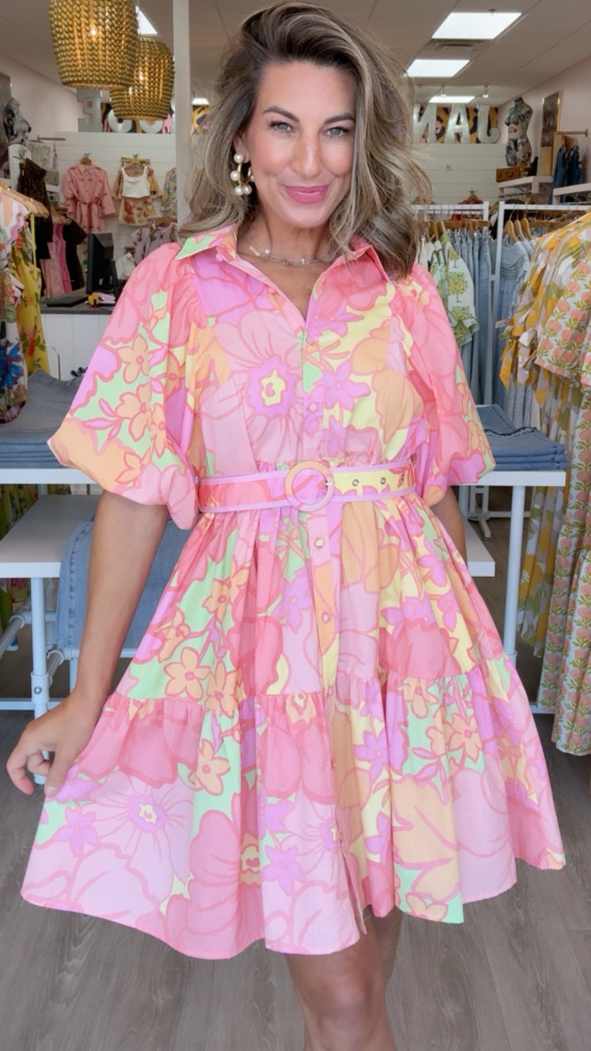 Karlie | Lime Big Floral Pastel Dress w/ Belt