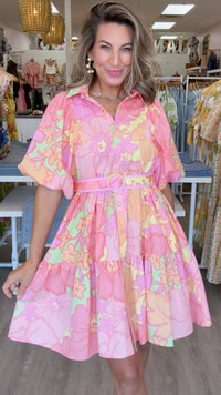 Karlie | Lime Big Floral Pastel Dress w/ Belt