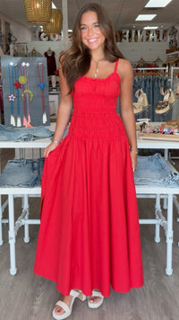 Karlie | Red Smocked Cami Maxi Dress