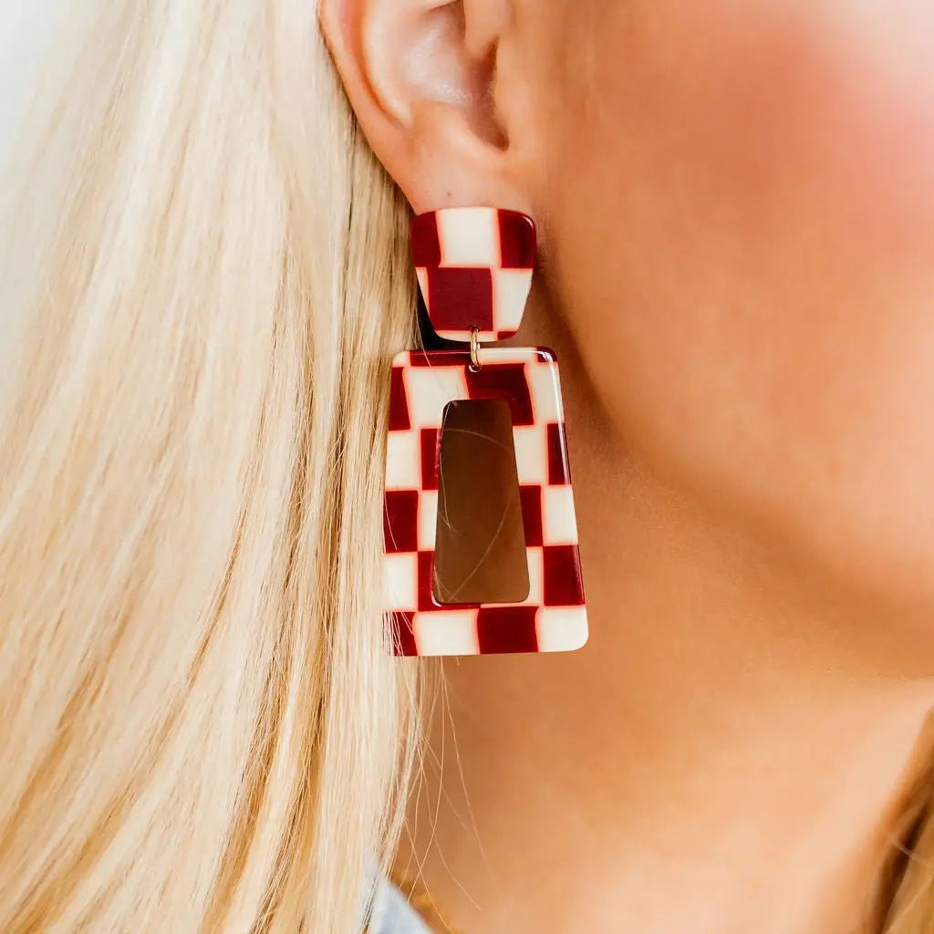Kennedy Maroon Check Earring