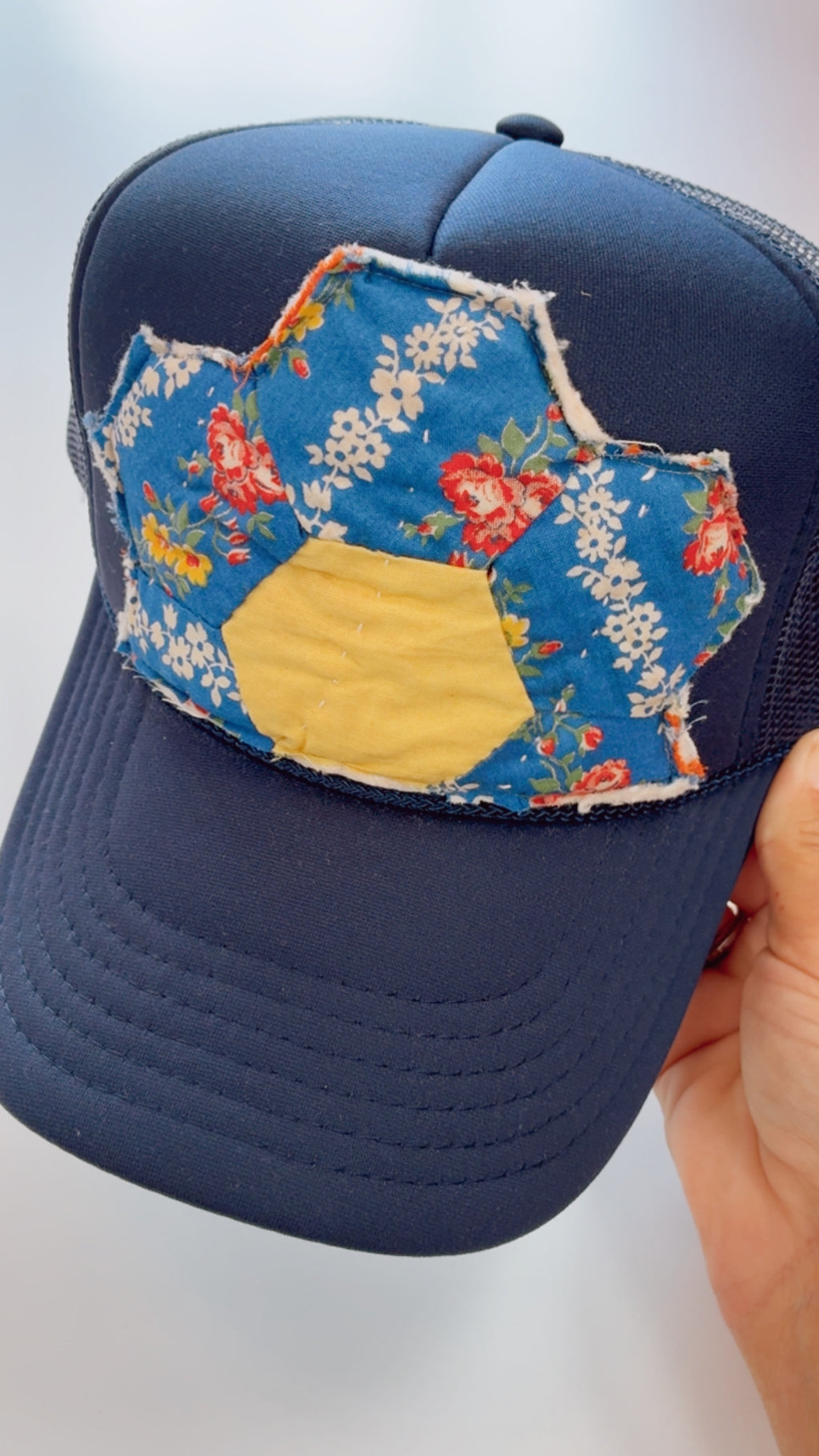 Blue/ Red Floral Vintage Quilt Navy Hat