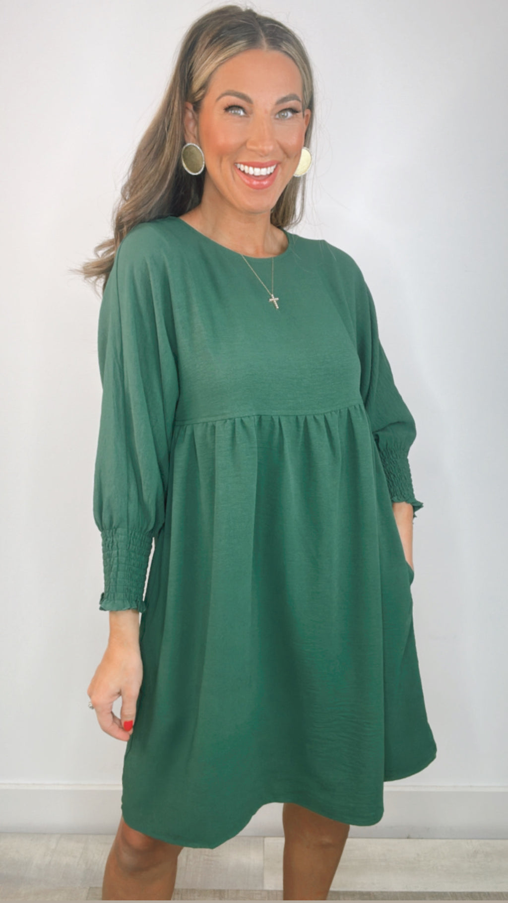 Ivy Jane Hunter Green Shirred Sleeve Dress (1 SMALL)