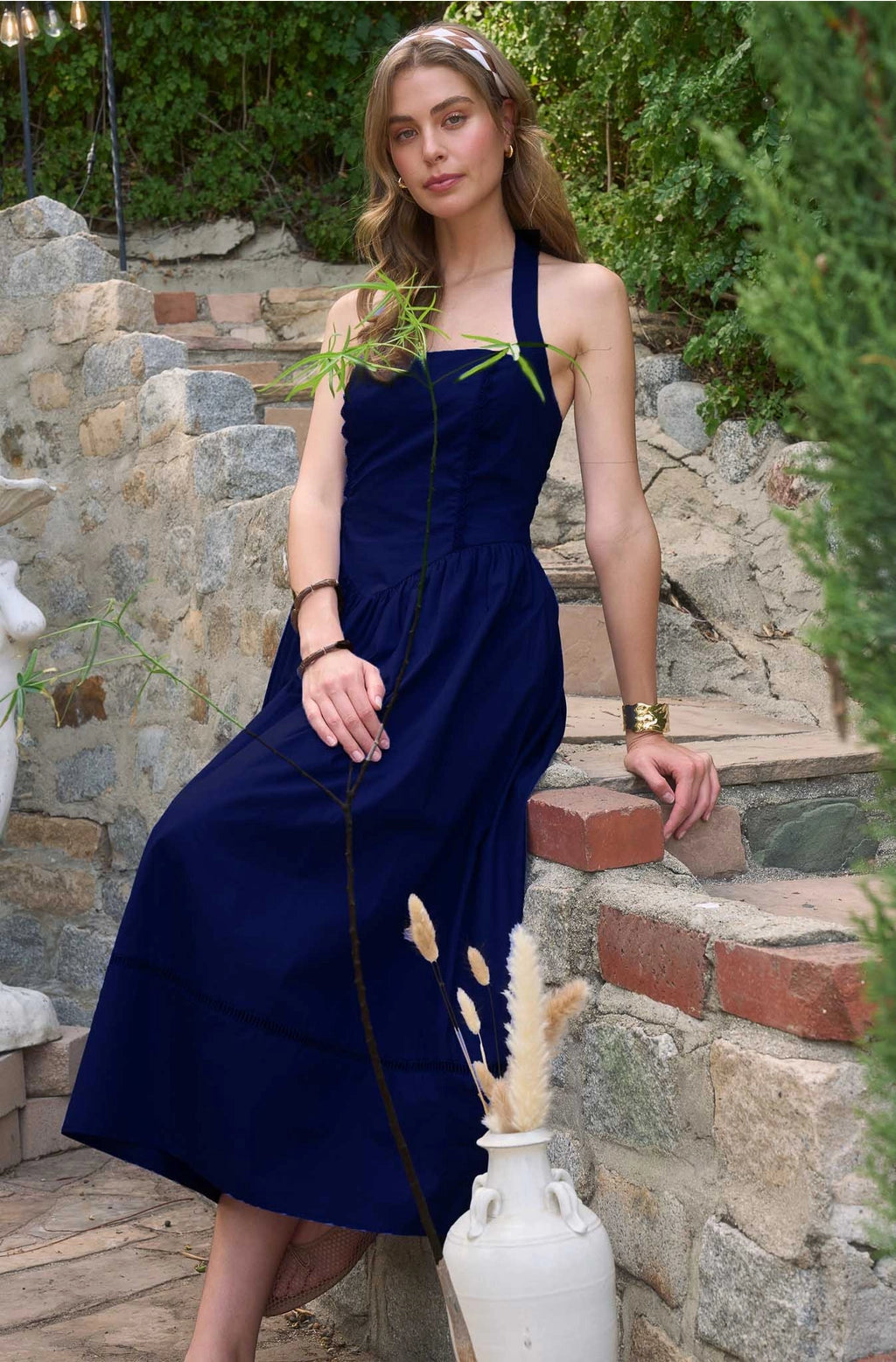 Moon River | Navy Halter Neck Basque Midi Dress