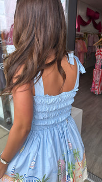 En Saison | Blue Tie Shoulder Smocked Mini Dress