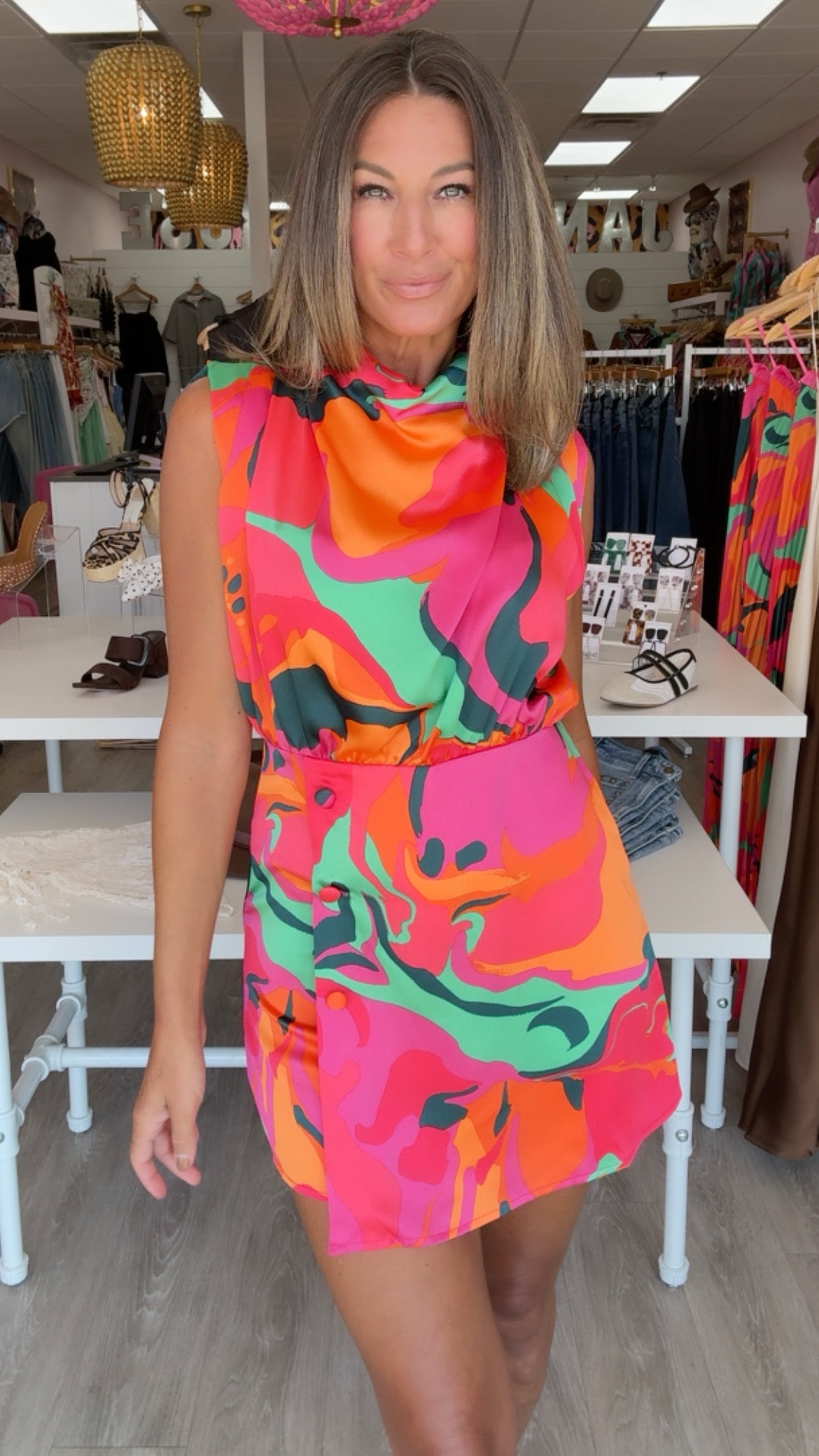 Karlie | Fuschia Swirl Satin Drape Romper *BEST SELLER*