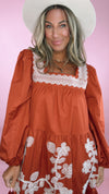 Terracotta Floral Embroidered Tiered Midi Dress