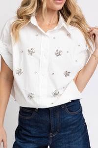 Karlie | White Solid Poplin Jeweled Top