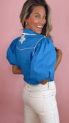 THML Blue Flower Embroidered Puff Sleeve Top