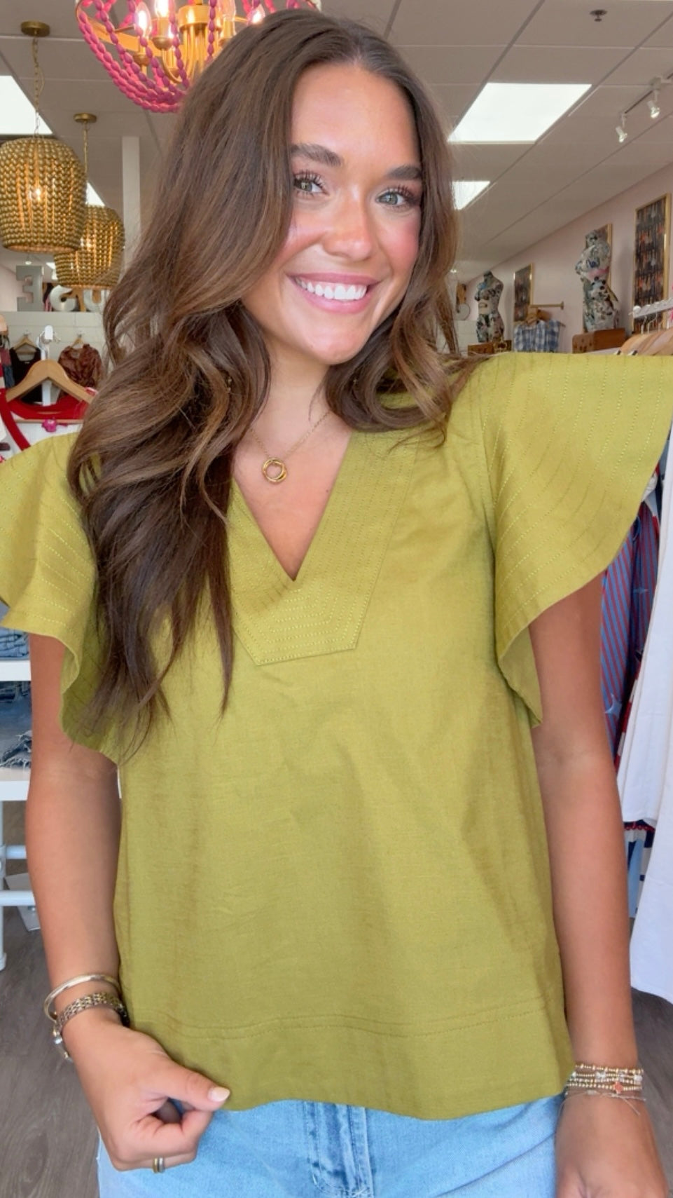 Martini Olive V Neck Flutter Slv Top